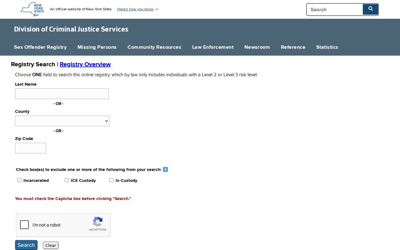 Schoharie County sex offender registry last-name county and ZIP search form